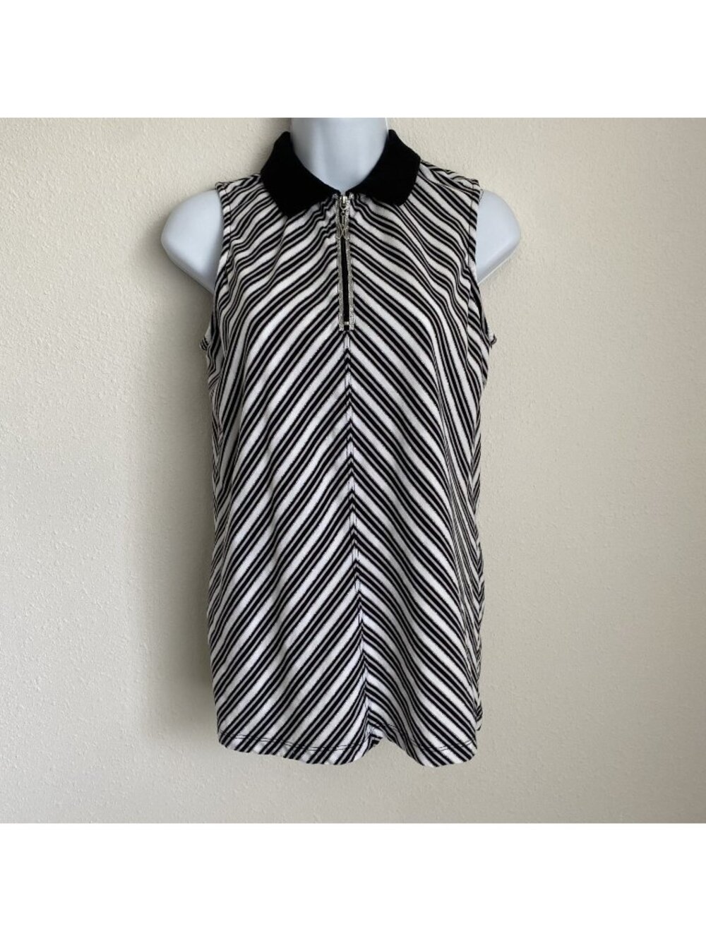 Coral Bay Womens Small Golf Top 1/4 Zip Sleeveless Black Silver White Stripe